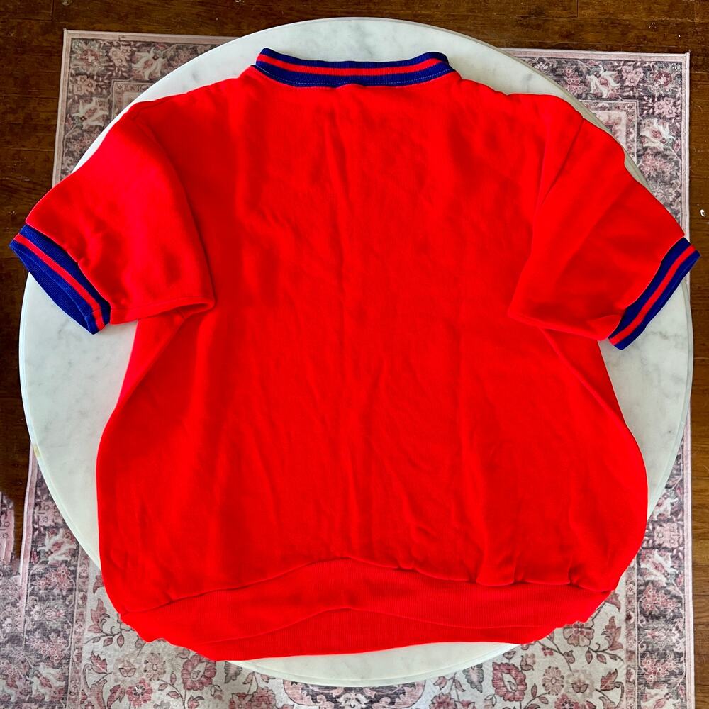 Vintage 60s 70s Men's Mod Bright Red + Blue Mock Neck Short Sleeve Sweatshirt
